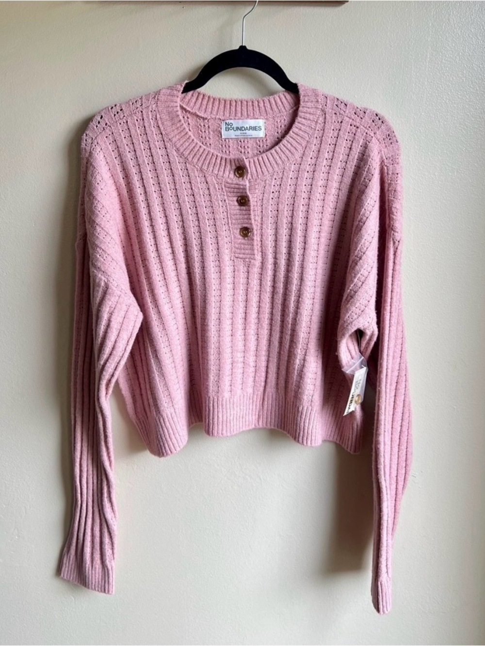 NWT No Boundaries Pink Pointelle Cropped Henley Sweater Medium